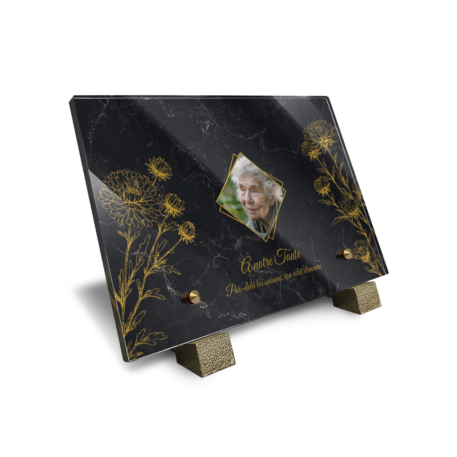 Plaque funéraire Chrysanthème - Marbre Noir