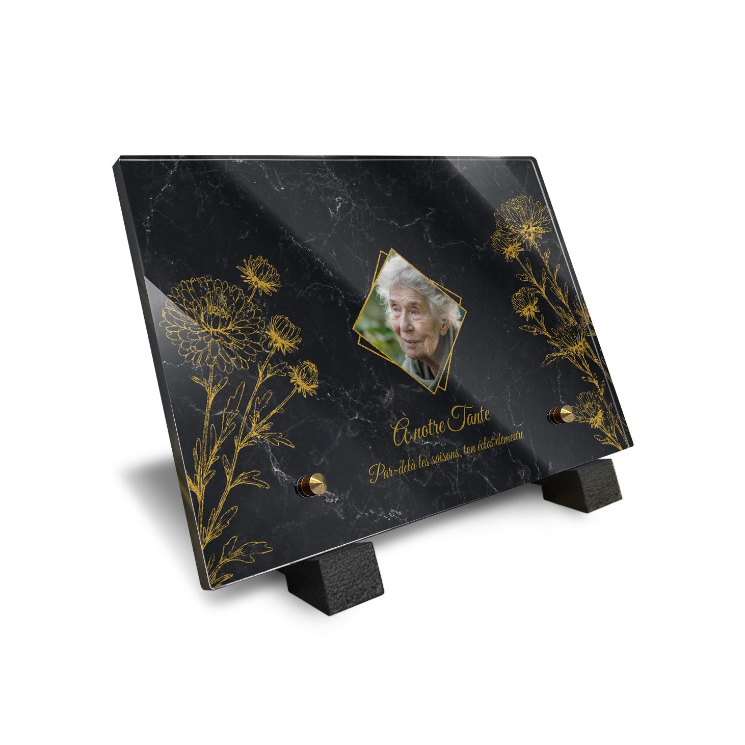 Plaque funéraire Chrysanthème - Marbre Noir