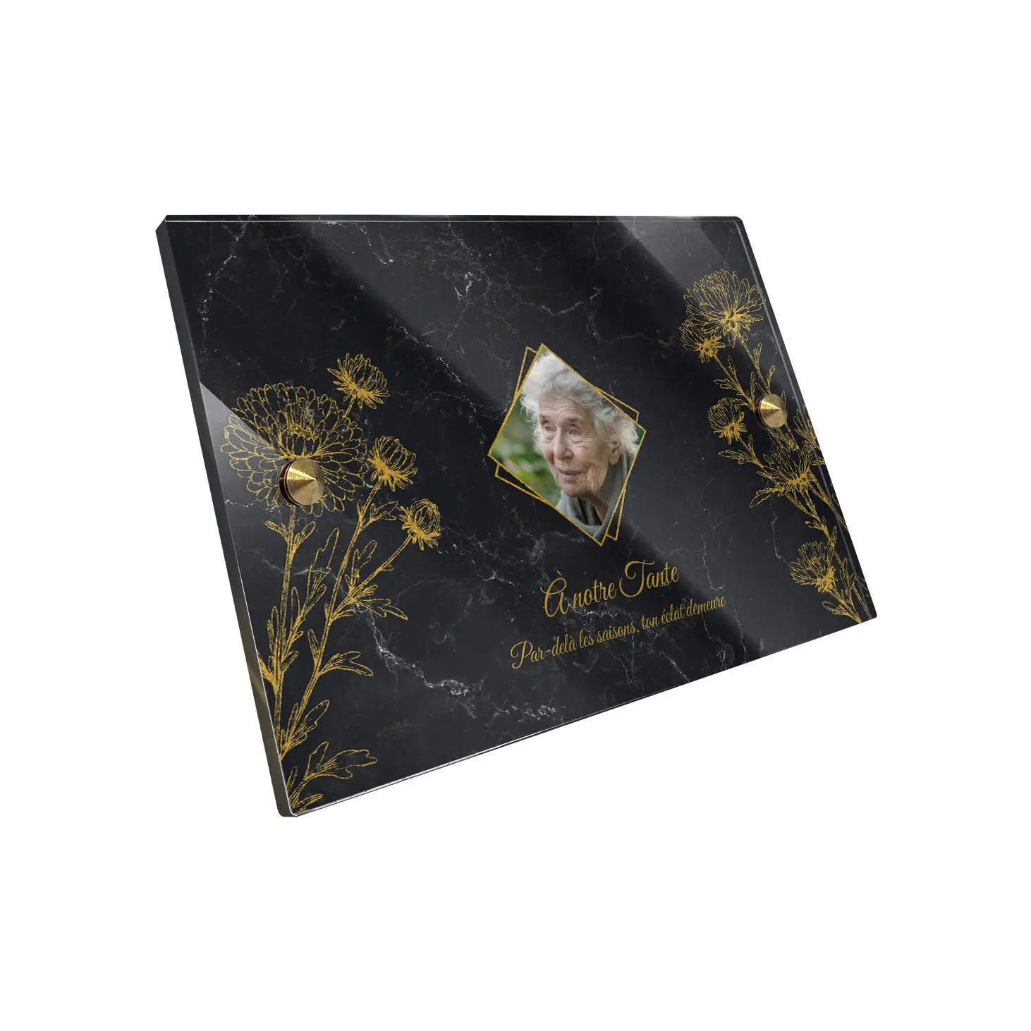 Plaque funéraire Chrysanthème - Marbre Noir