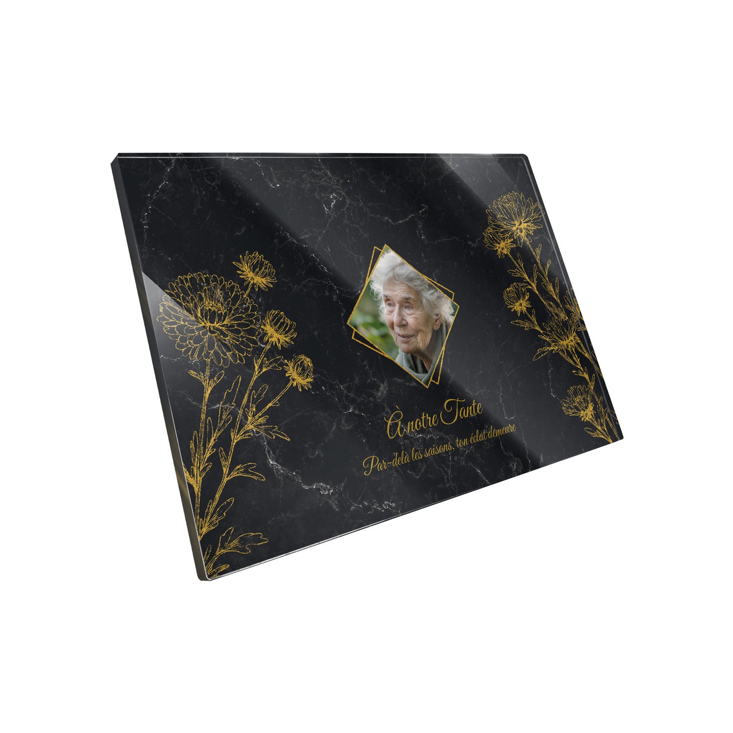 Plaque funéraire Chrysanthème - Marbre Noir