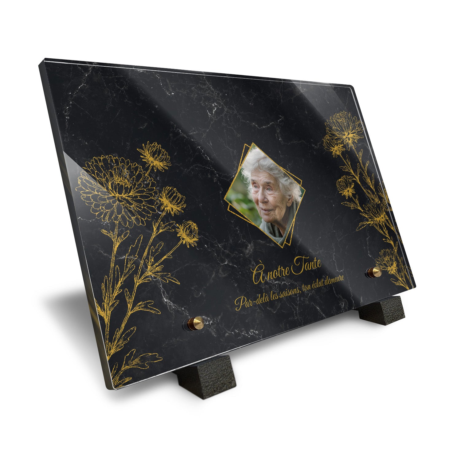 Plaque funéraire Chrysanthème - Marbre Noir
