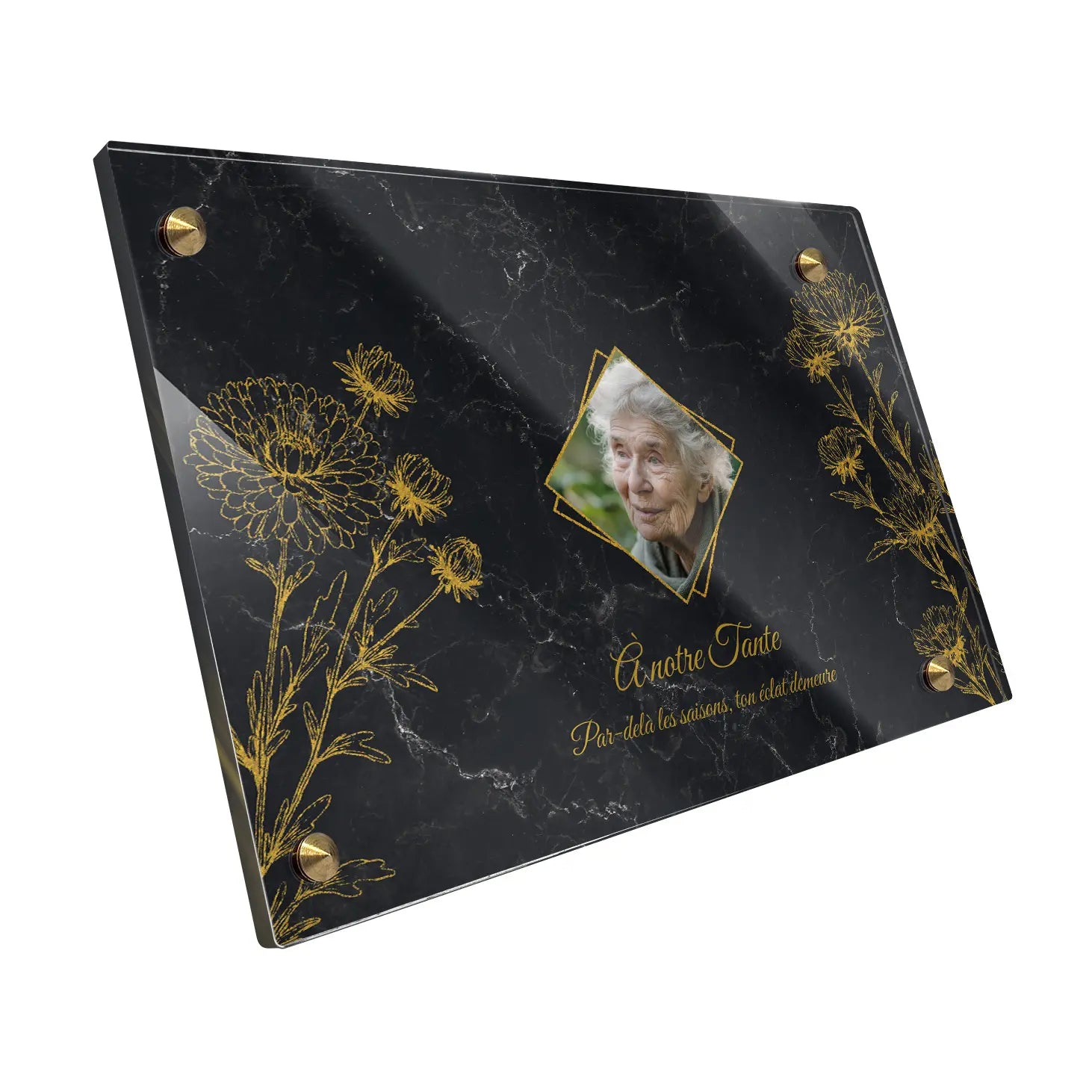 Plaque funéraire Chrysanthème - Marbre Noir