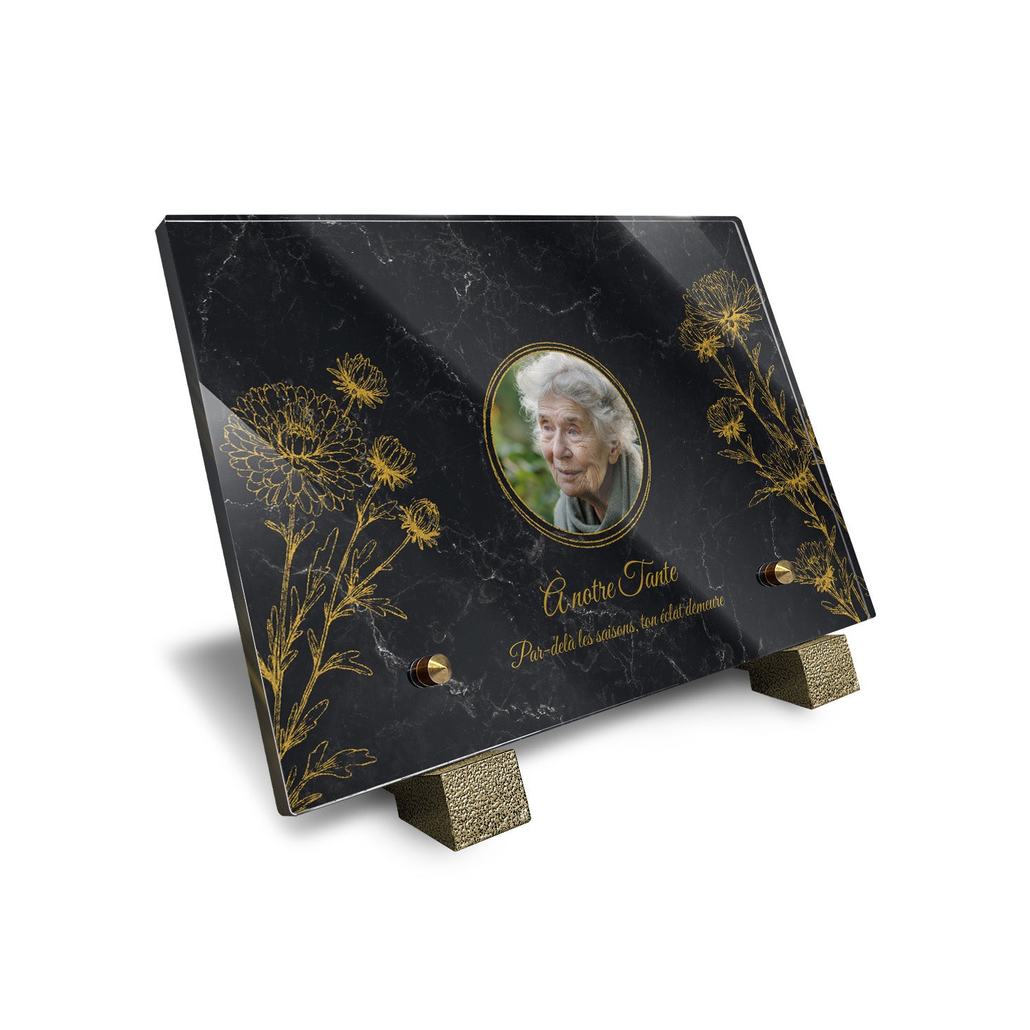 Plaque funéraire Chrysanthème - Marbre Noir
