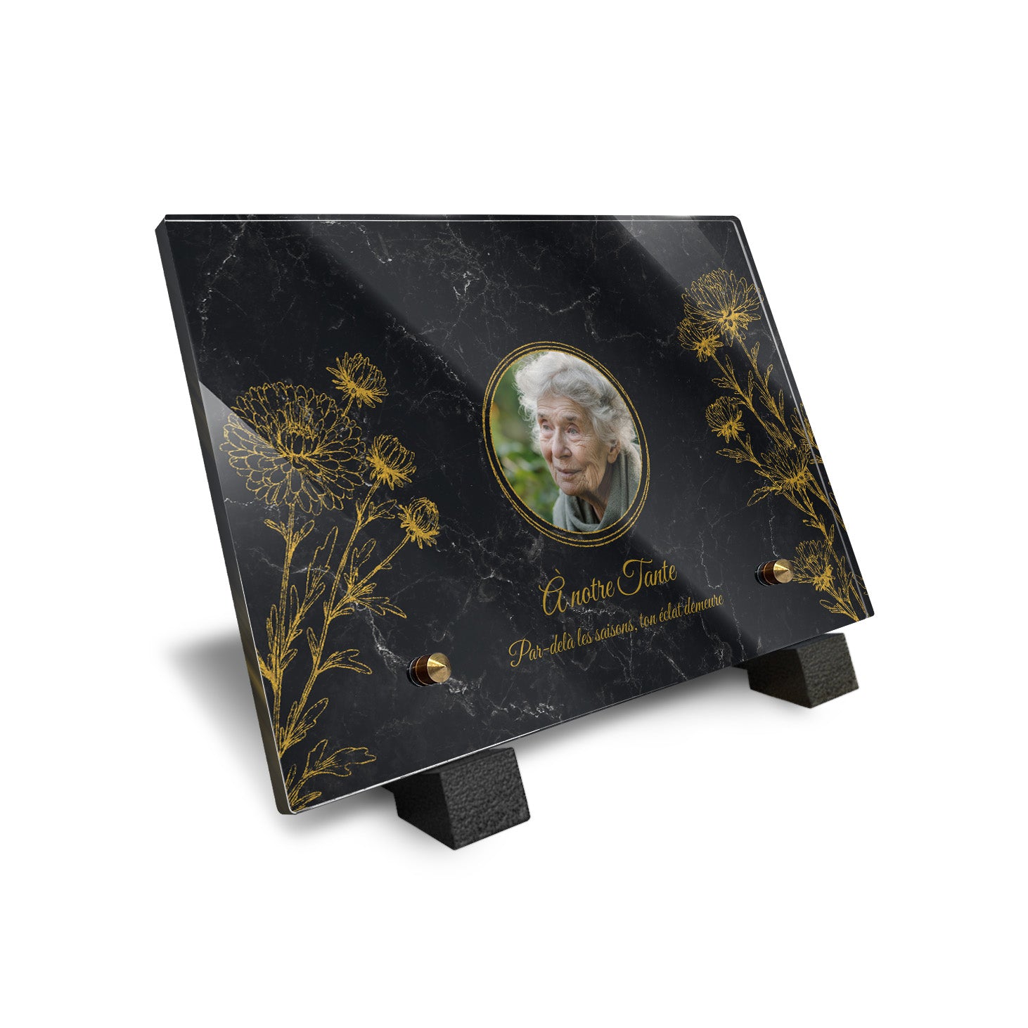 Plaque funéraire Chrysanthème - Marbre Noir