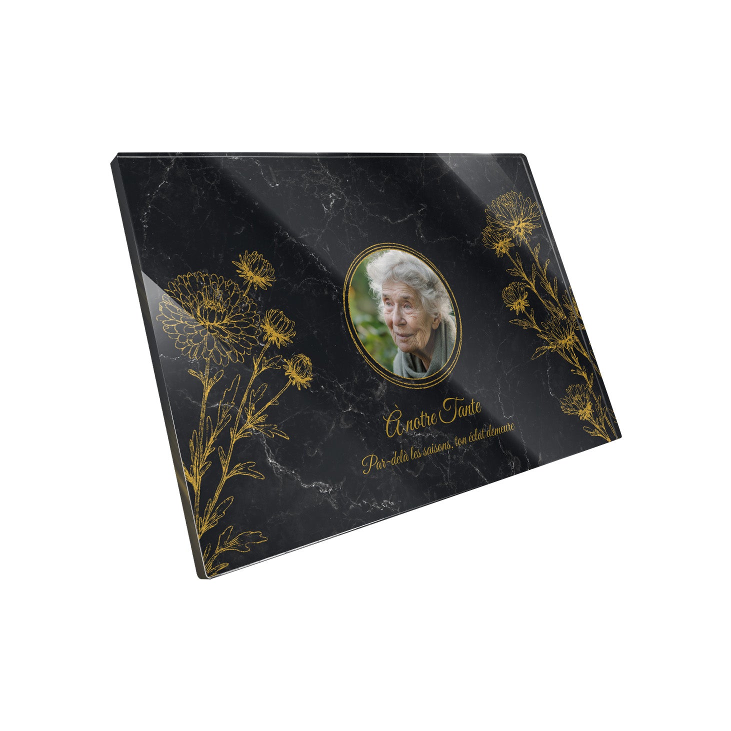 Plaque funéraire Chrysanthème - Marbre Noir