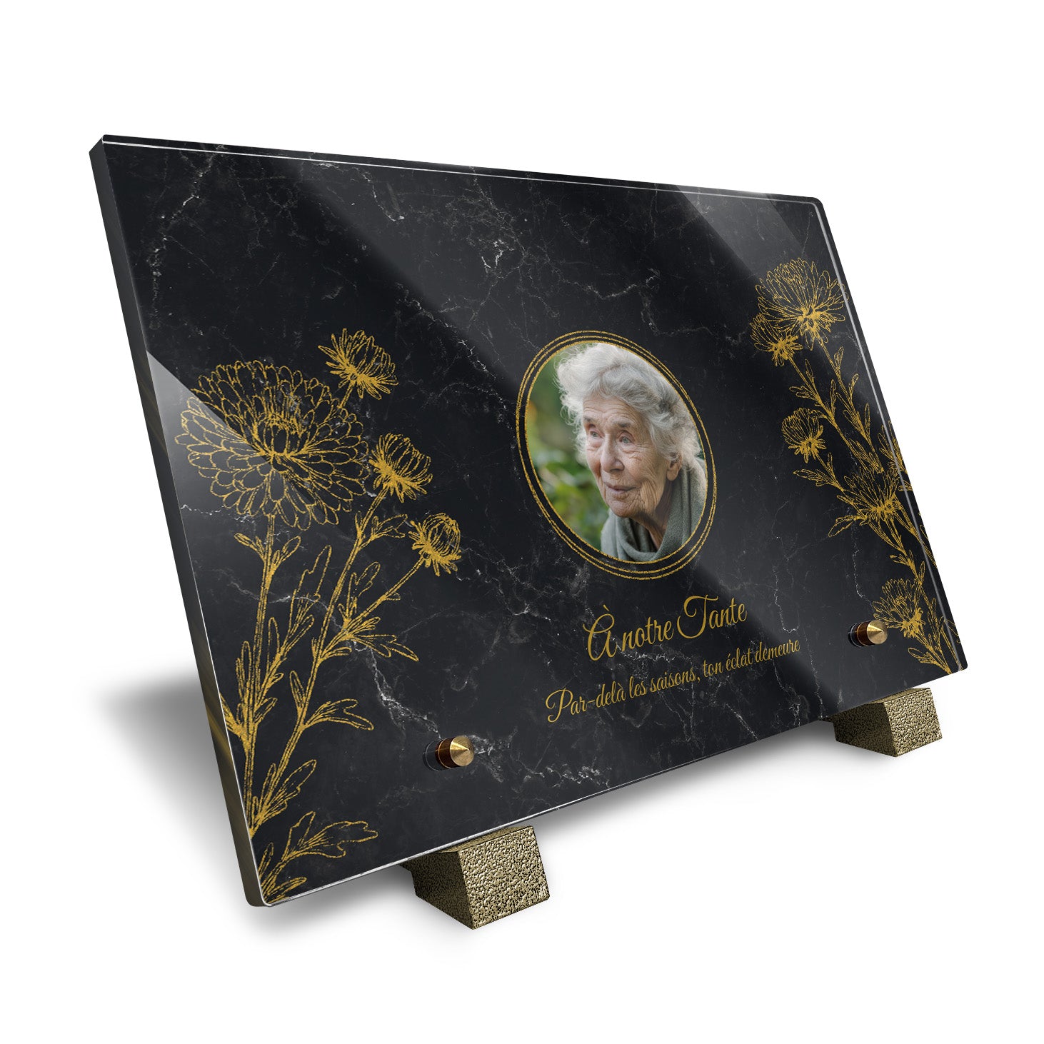 Plaque funéraire Chrysanthème - Marbre Noir