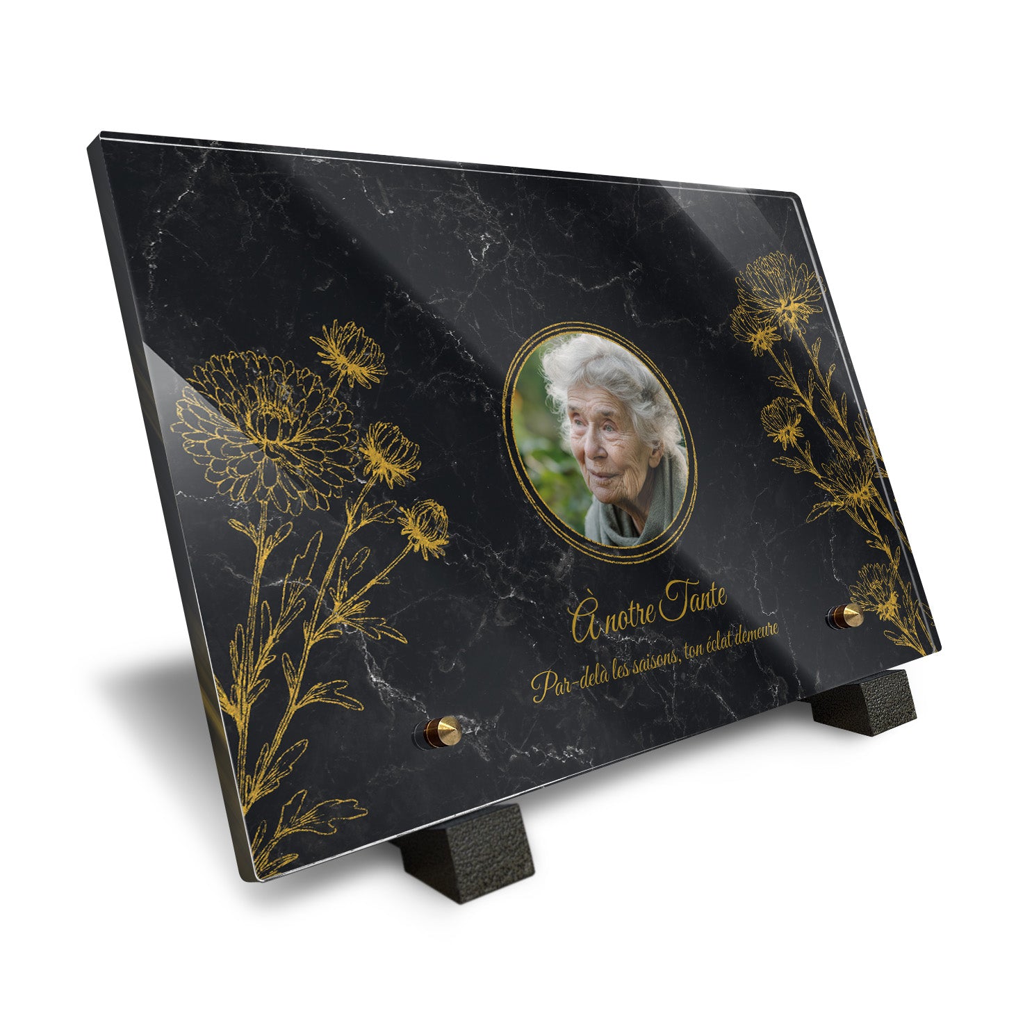 Plaque funéraire Chrysanthème - Marbre Noir