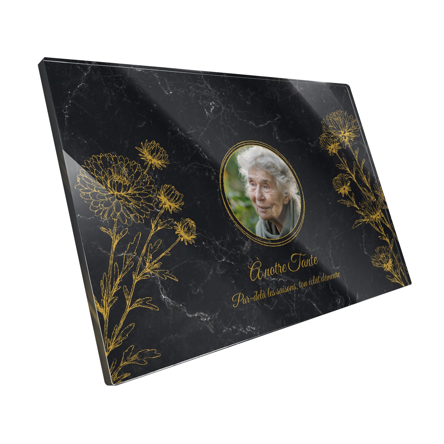 Plaque funéraire Chrysanthème - Marbre Noir