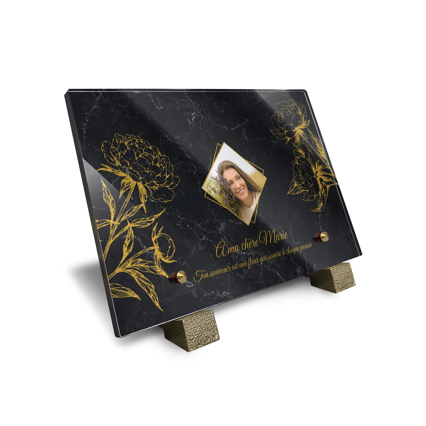 Plaque funéraire Pivoine - Marbre Noir