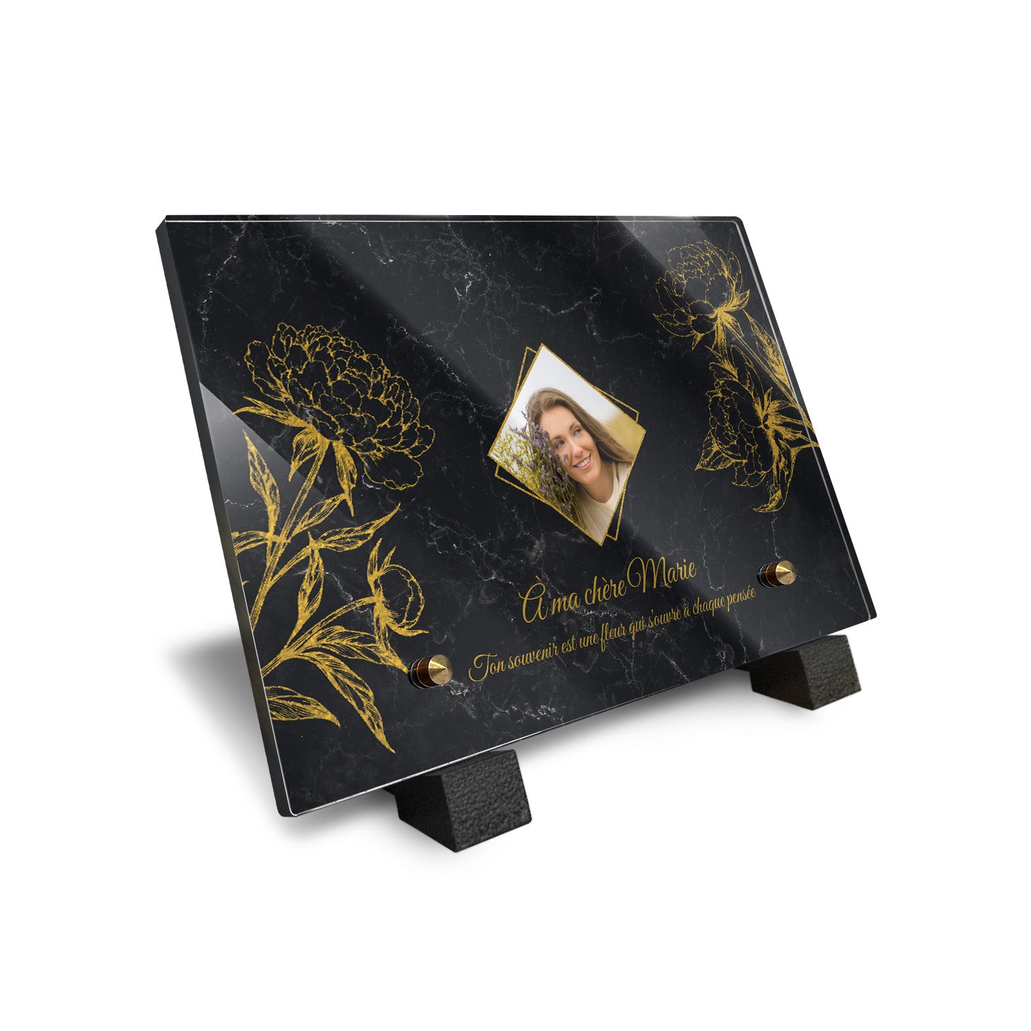 Plaque funéraire Pivoine - Marbre Noir