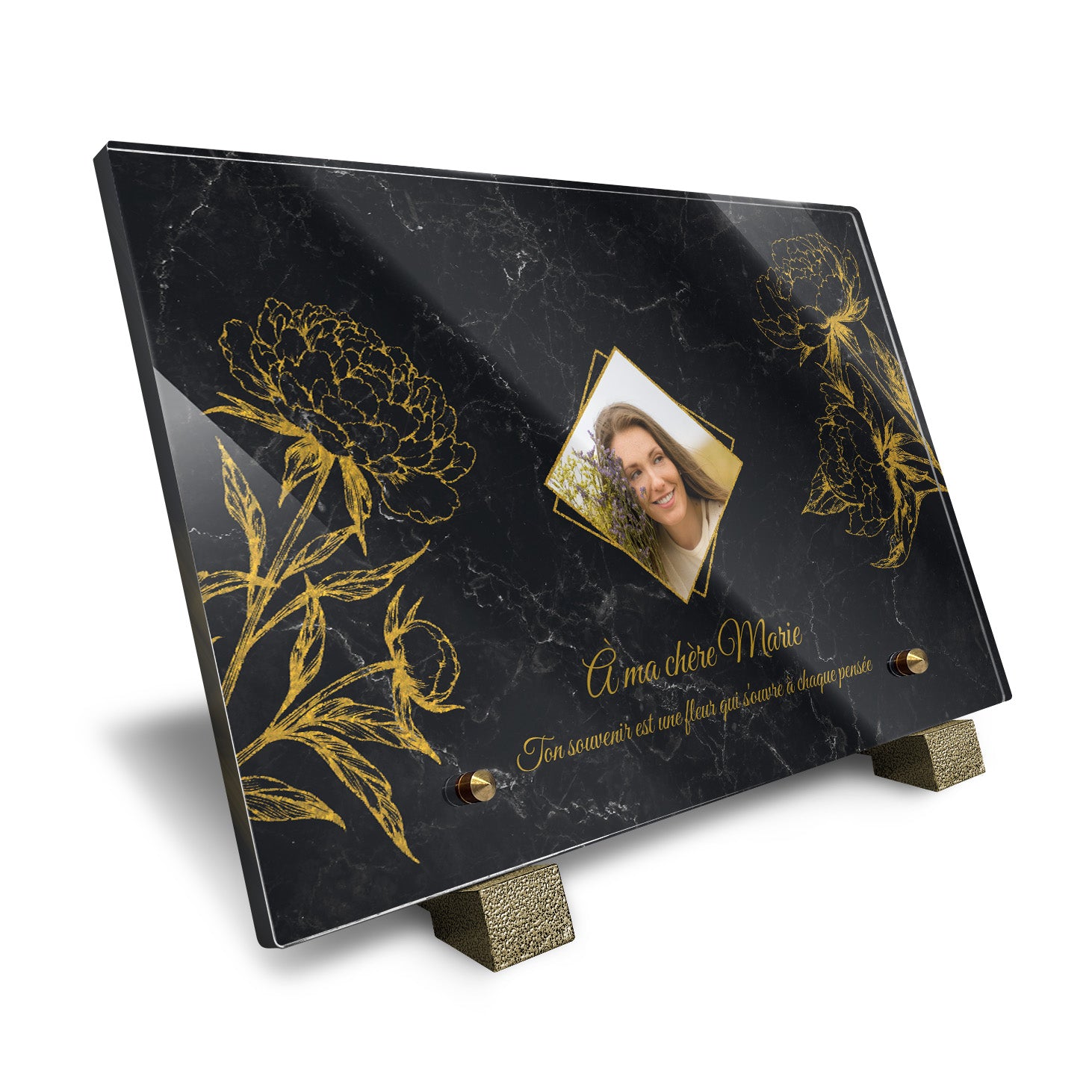 Plaque funéraire Pivoine - Marbre Noir