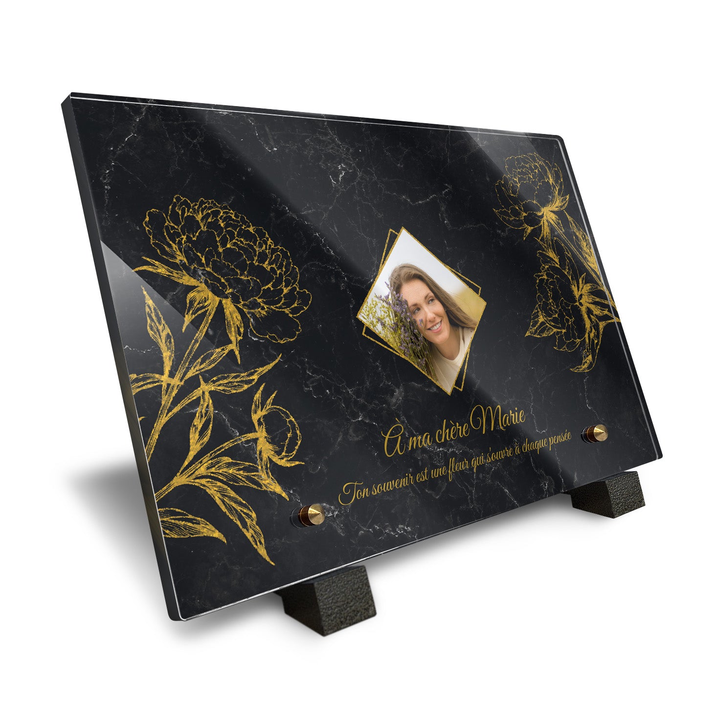 Plaque funéraire Pivoine - Marbre Noir