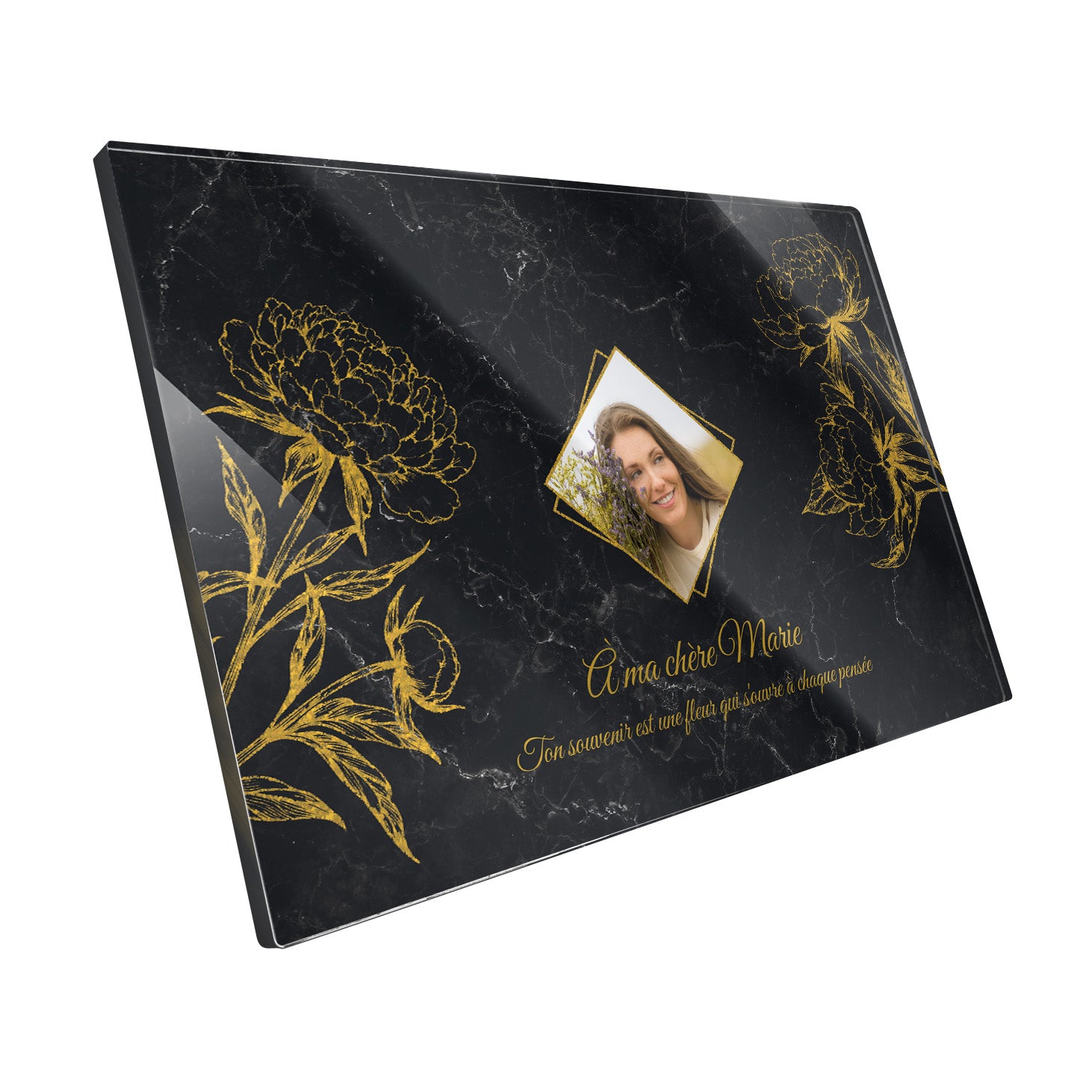 Plaque funéraire Pivoine - Marbre Noir