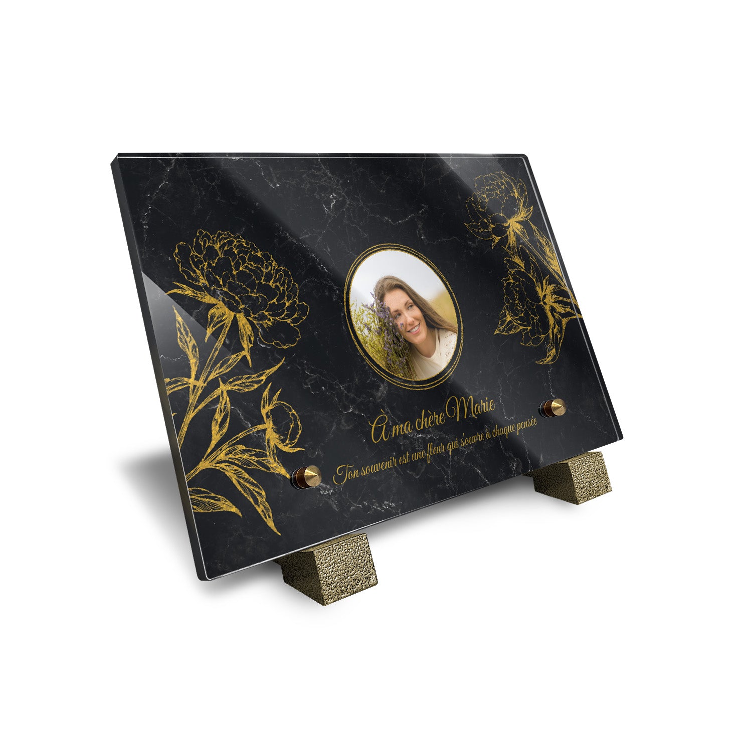 Plaque funéraire Pivoine - Marbre Noir