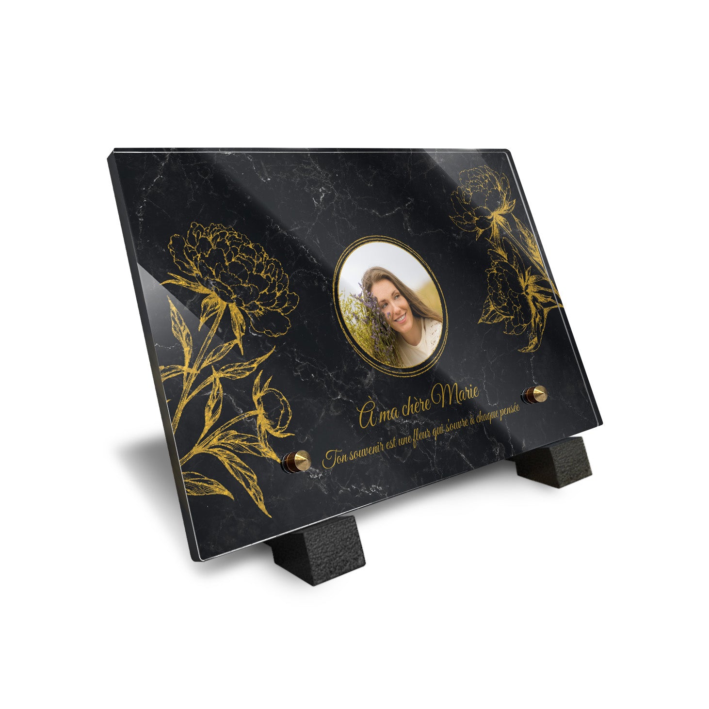 Plaque funéraire Pivoine - Marbre Noir