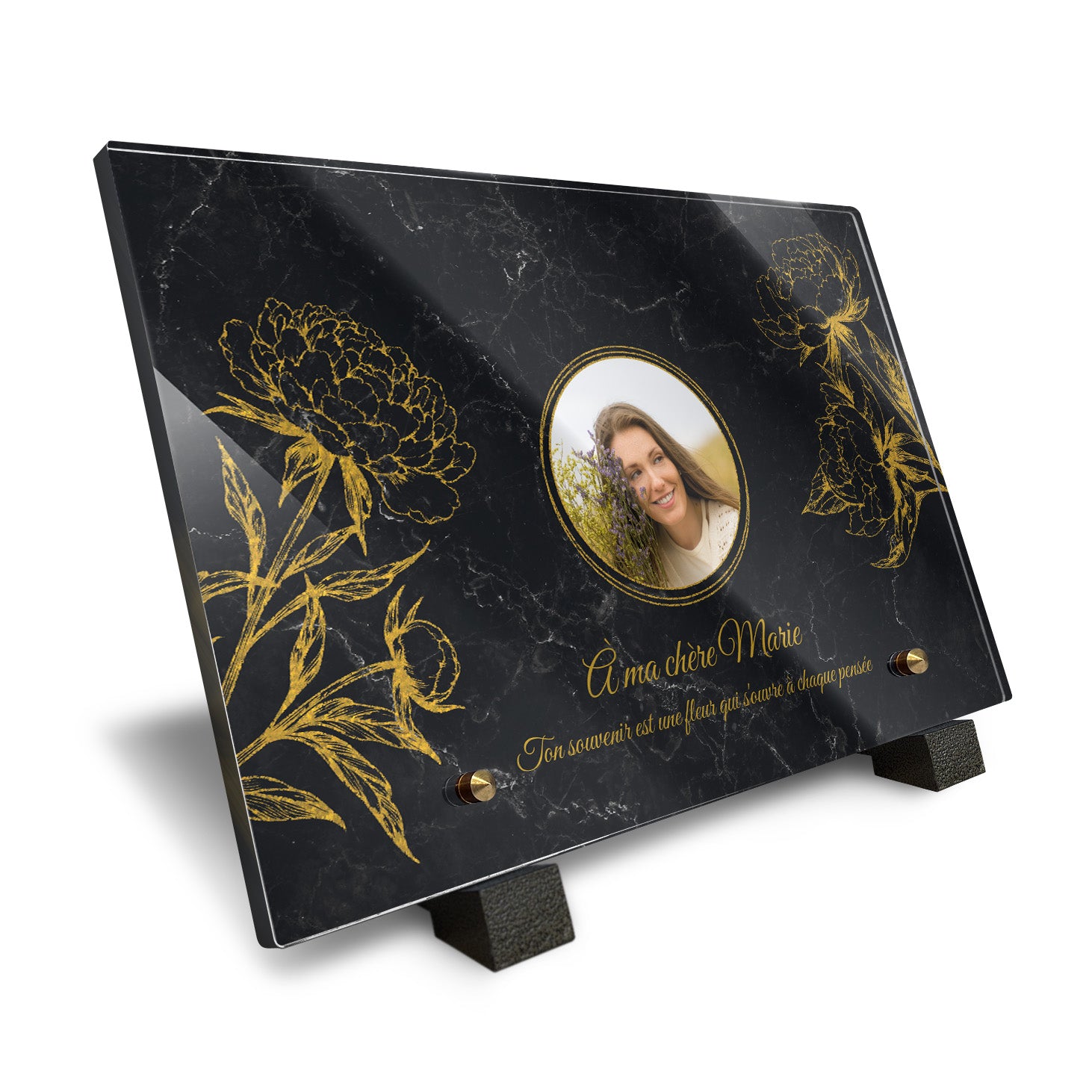 Plaque funéraire Pivoine - Marbre Noir