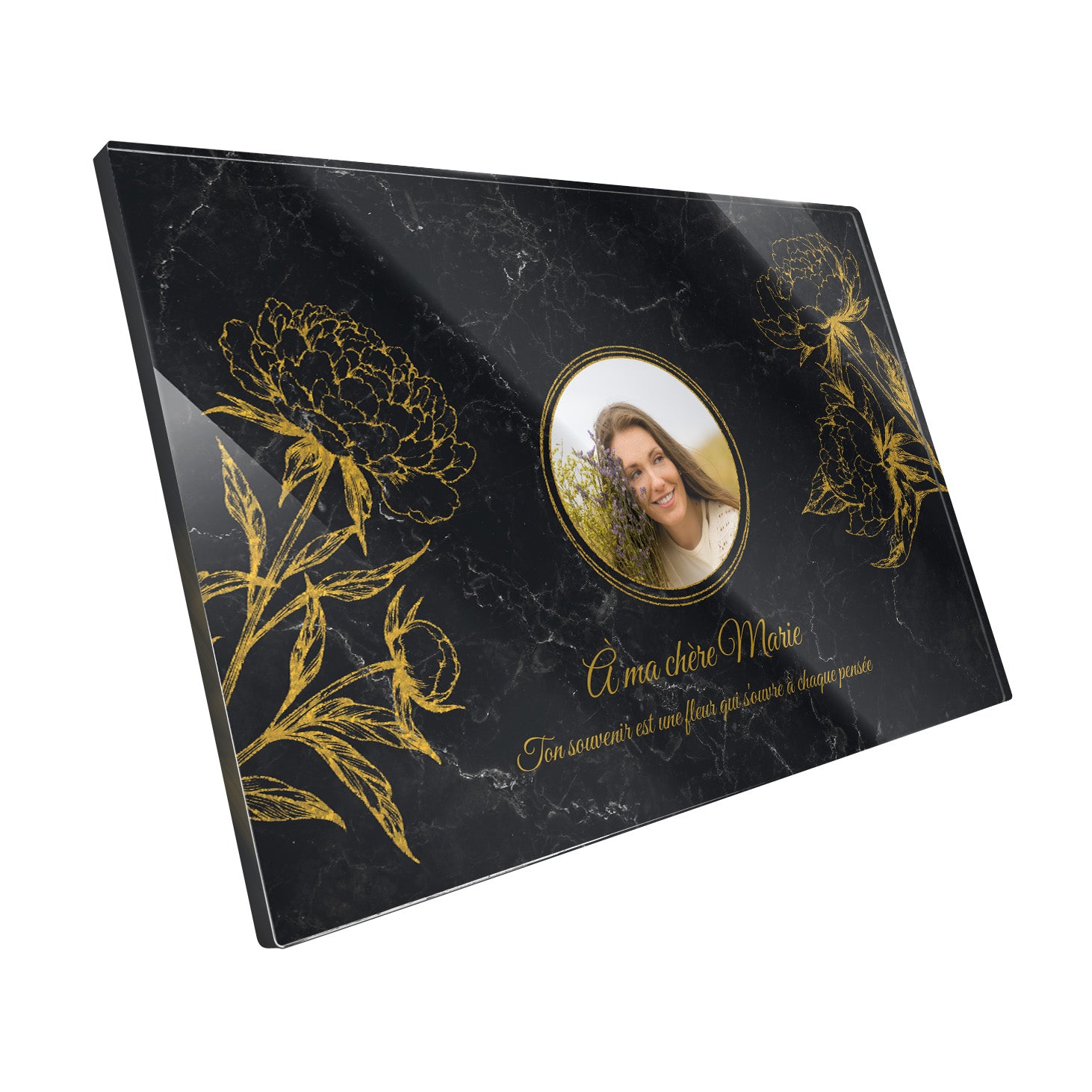 Plaque funéraire Pivoine - Marbre Noir
